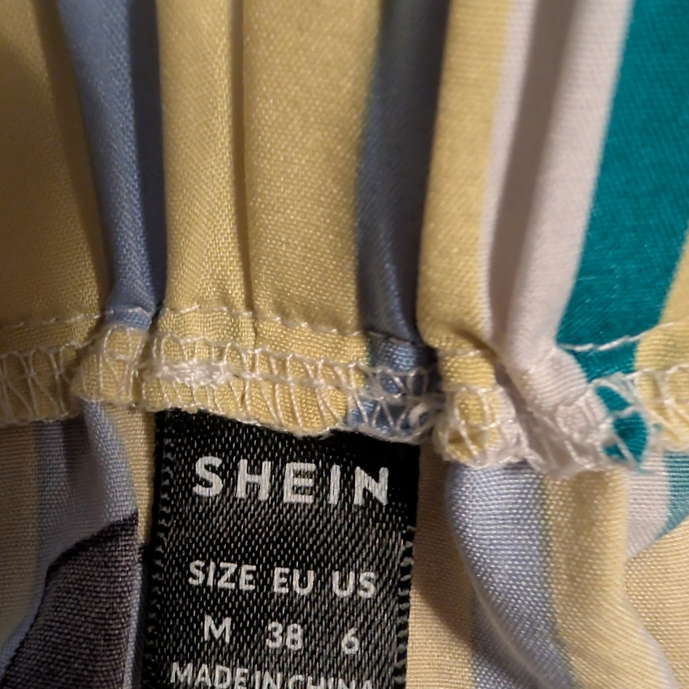 SHEIN High Waist Striped Paper Bag Shorts with Tie- Blue, Yellow, Black - Picture 7 of 7